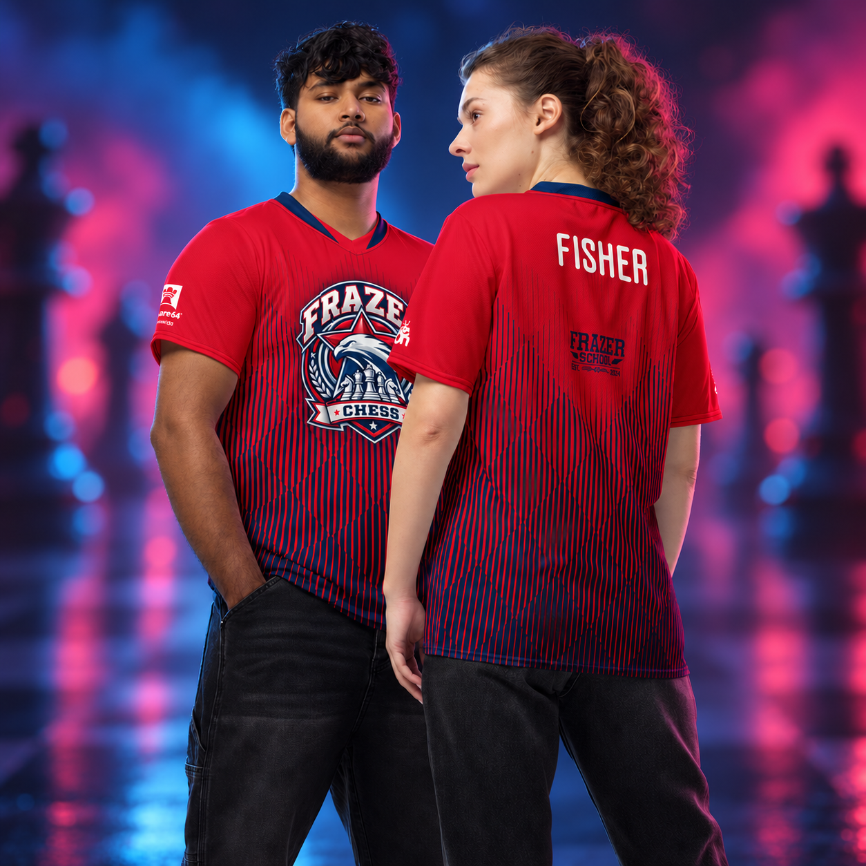 Couple wearing red-and-blue Frazer Chess jerseys, with FISHER personalization, against a subtle atmospheric chess background