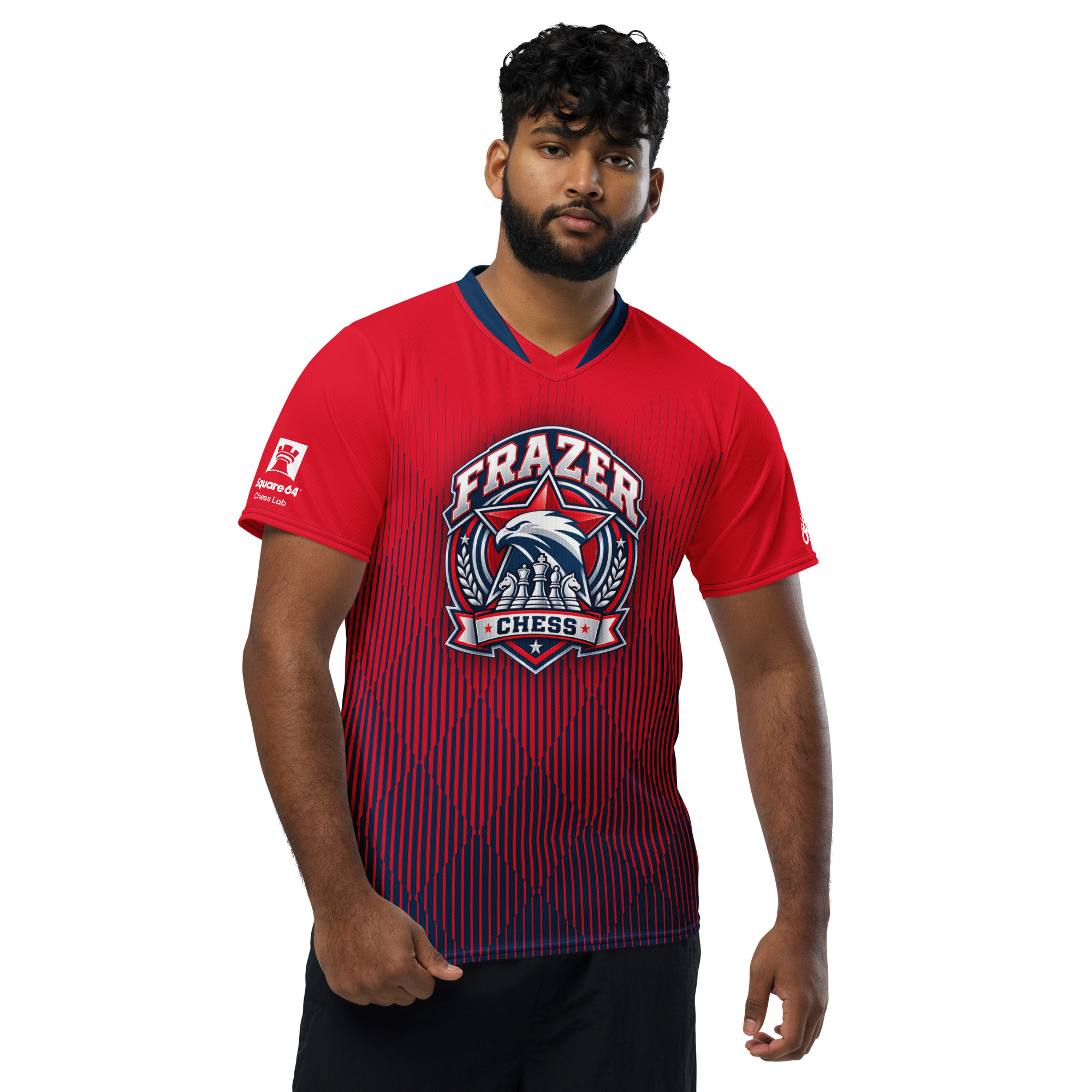 Man wearing the red-and-blue Frazer Chess jersey with sleeve logo